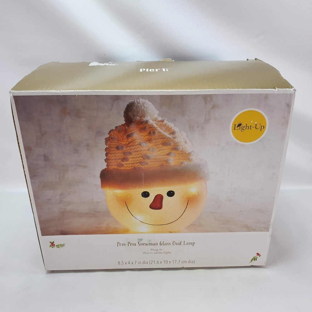Pier 1 Pom Pom Snowman Glass Oval Lamp in Original Box White Cream Neutral Color